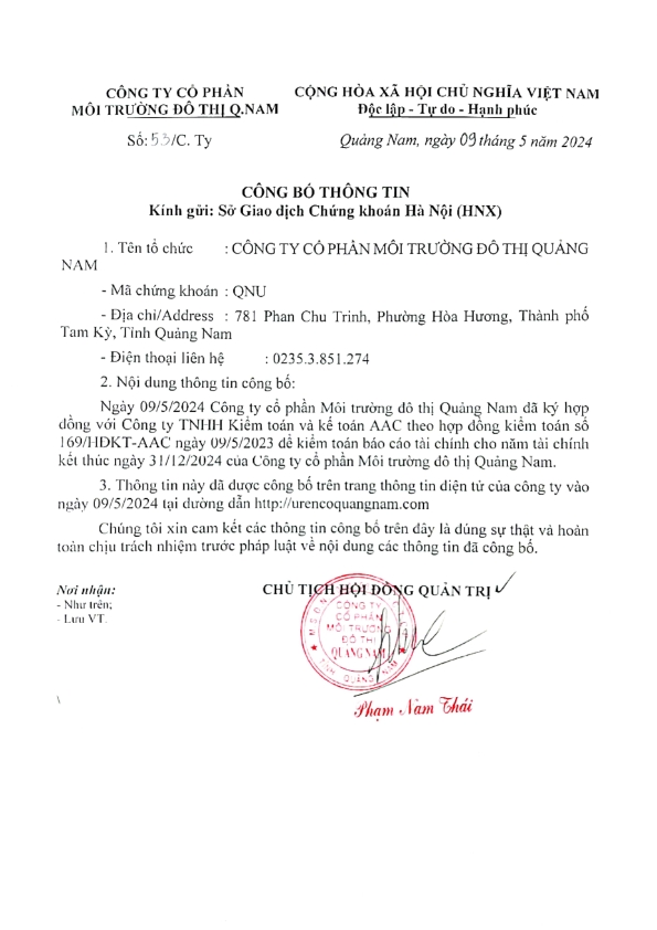 Về việc ký hợp đồng kiểm toán báo cáo tài chính năm 2024 Công ty cổ phần Môi trường đô thị Quảng Nam